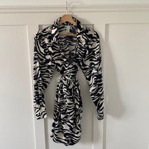 Black and white zebra print wrap dress with collar.